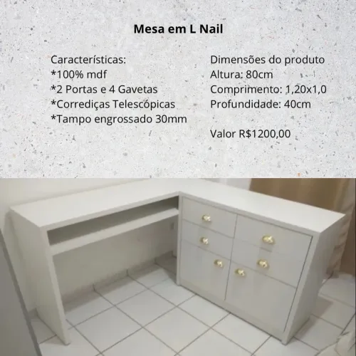 Mesa em L Nail - MDF com 2 Portas e 4 Gavetas