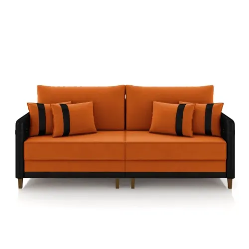 Sofá elegante na cor laranja com detalhes em preto, ideal para sua sala. Design moderno e 
