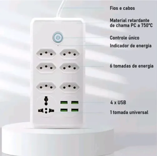 Extensão Filtro de Linha Com 6 Saídas, 4 USB e 1 Tomada Universal - Novo
