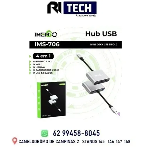 Adaptador Hub Imenso 4 em 1 Hdmi 4k / VGA / Usb 3.0 / USB-C PD - IMS-706