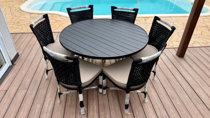 Mesa de jantar aluminio ripado corda nautica área externa 