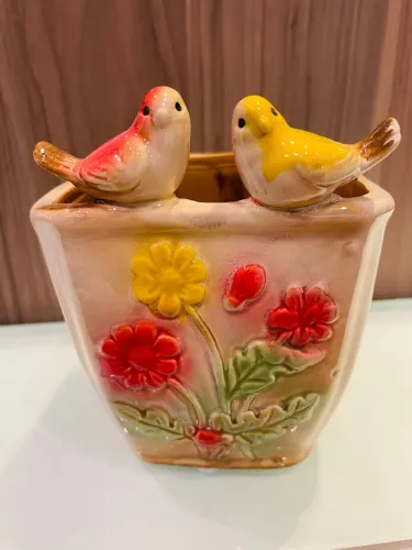 Vaso decorativo com pássaros e flores 15 alt x 12 diam