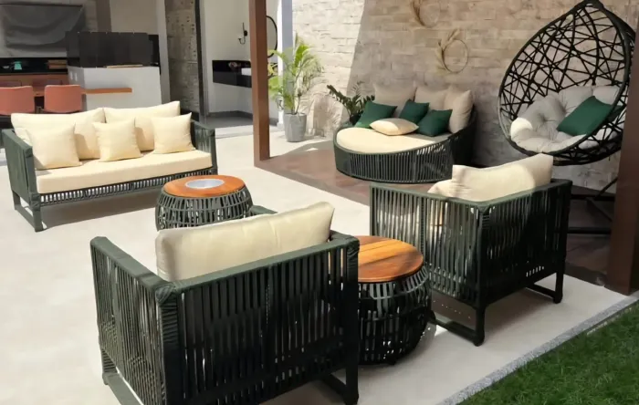 Combo Super Luxo em Corda Náutica Sofá 2 lugares + 2 poltronas + chass Orbital + Balanço c