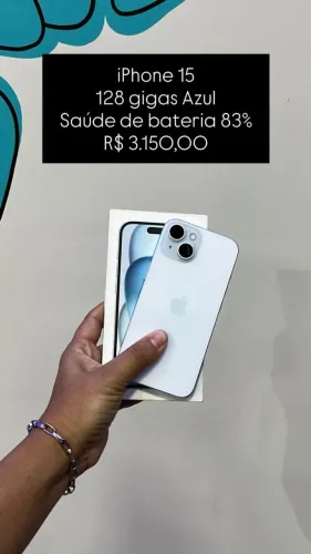 iPhone 15 / 128GB / Azul / Saúde de bateria 83% / R$ 3.150,00