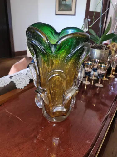 Vaso Murano Vintage Decorativo Verde e Dourado
