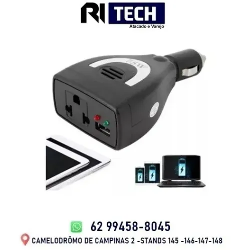 Inversor de Energia Portátil de 12V para 220V - 75W Liga Carregador de Celular no Carro