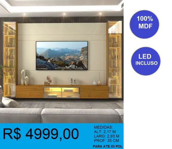 Painel para TV MDF com LED e design moderno 3,00 m - ENTREGA E MONTAGEM INCLUSA