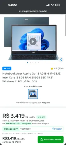 Acer Aspire Go 15 AG15-51P-35JZ Intel Core i3 8GB RAM 256GB SSD 15,3"