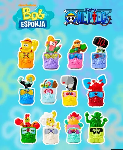 Coleção McDonalds Bob Esponja x One Piece - 12 Brinquedos na Caixa