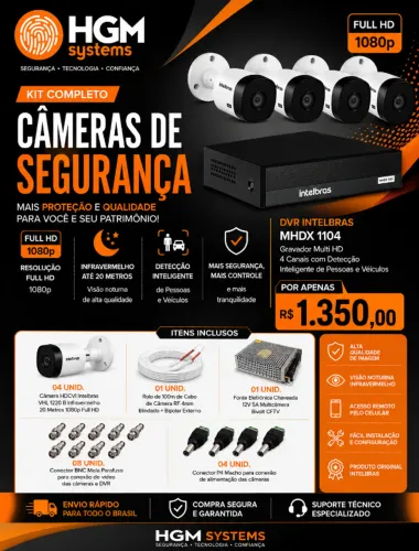 KIT 4 CÂMERAS   COMPLETO DE CÂMERAS INTELBRAS - FULL HD 1080P