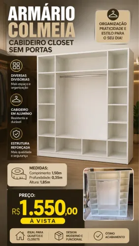 Armário Colmeia Closet 1,50m com Cabideiro - Moderno e Espaçoso
