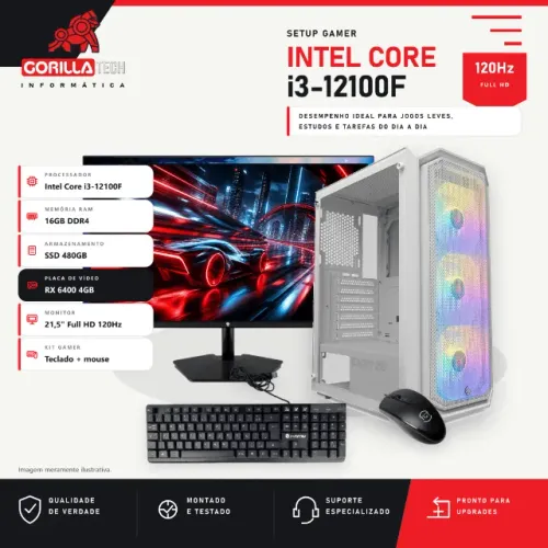 Setup Gamer Completo i3-12100F RX 6400 4GB 16GB SSD 480GB Monitor 21,5 120Hz Teclado Mouse