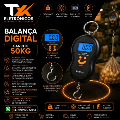 Balança Digital de Gancho 50kg - Balança de Malas, Peixes, Sacos e Etc