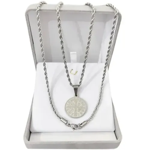Medalha São Bento Duplaface + Cordão Baiano Aço Inoxidavel Prateado 45/60/70cm