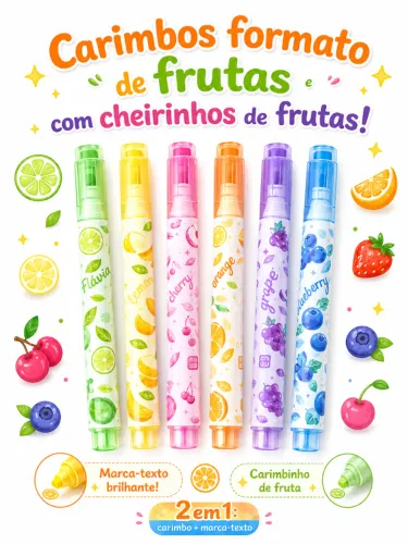 Caneta Marca - Texto 2 em 1 com Carimbo De Frutas - Kit 6 Cores