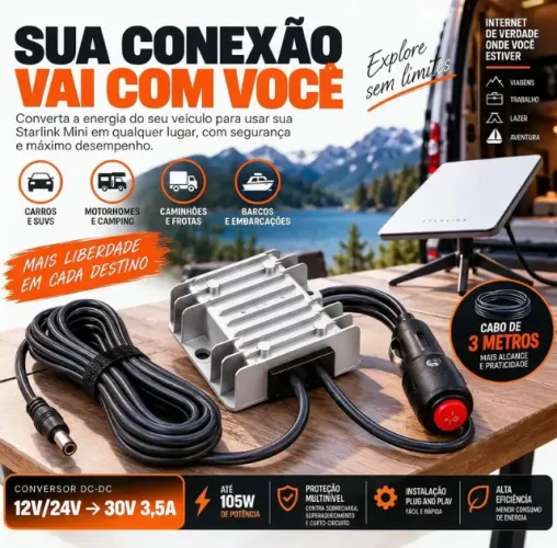 Cabo Carregador Starlink Mini 12v 24v Veicular Tomada 3 Metros Dc Plug