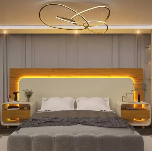 Cabeceira Box Casal com 1 Mesa de Cabeceira com LED Madeira Madeira 100% MDF