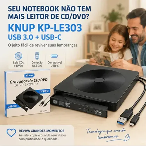 GRAVADOR DE CD DVD DRIVE EXTERNO KP-LE303 (TIPO C / USB 3.0) Arquivos Fotos Músicas