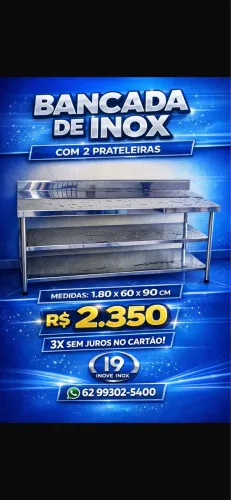 Bancada de Inox 1,80 m com 2 Prateleiras - Nova