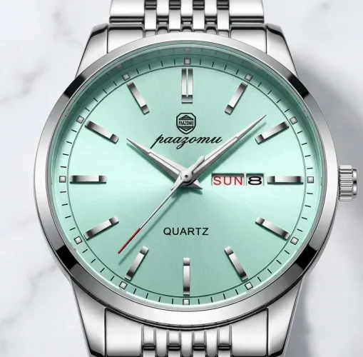 Relógio Paazomu Masculino Quartz em Aço Inoxidável Dial Verde Menta Pulseira Inox Lindo