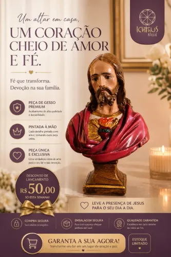 Busto Sagrado Coração De Jesus 26cm Arte Sacra Católica - Pronta Entrega