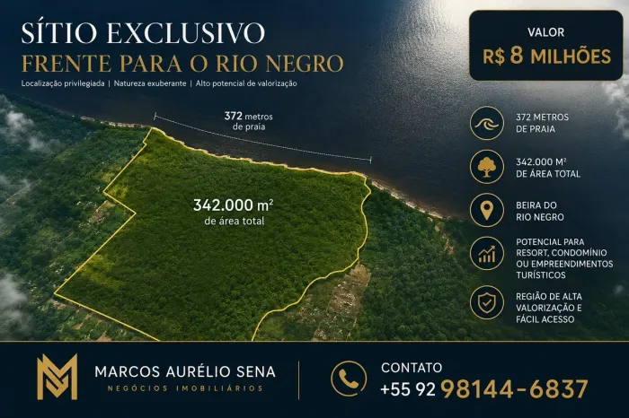 Grande área beira do Rio Negro Iranduba, com 372 metros de praia, 3,42 hectares escritura