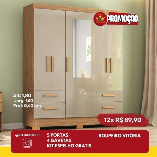 PROMOÇÃO URGENTE - Guarda-Roupa Roupeiro Vitória 5 PORTAS apenas 12x de R$89,90