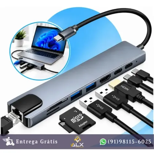 Hub Usb-c P/ Hdmi 4k 8 Em 1 + Rj45 *ENTREGA GRÁTIS*