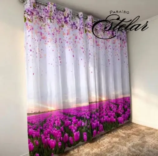 Cortina Paisagem Rosa 3 Metros - Decoração Elegante pra Sala