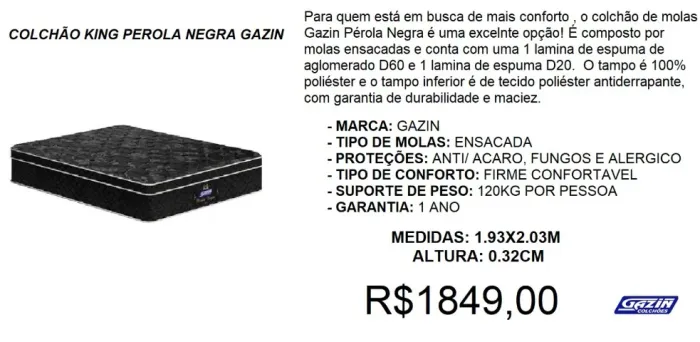 Colchão king size molas gazin perola negra - à pronta entrega