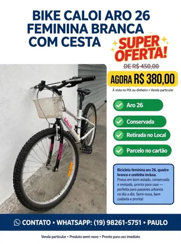 Bike Caloi Aro 26 Feminina Branca com Cesta