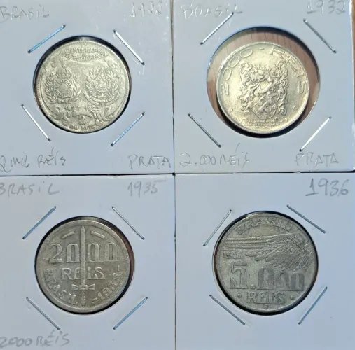 4 Moedas de Prata de 2000 e 5000 Réis historicas em excelente estado - raras de coleção