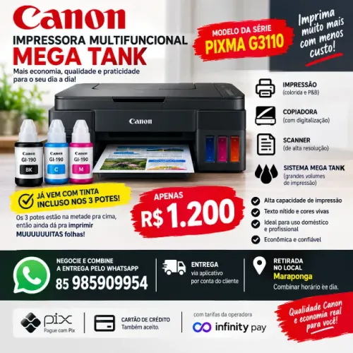 Impressora Canon Mega Tank Multifuncional Pixma G3110 com Tinta - R$ 1.200