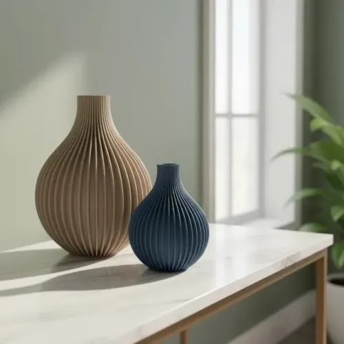 Kit Com 1 Vaso Grande Bege + 1 Vaso Pequeno Azul Decorativo
