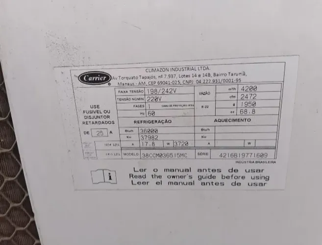 Ar condicionado 36000 BTUS - CARRIER DUTADO 220V