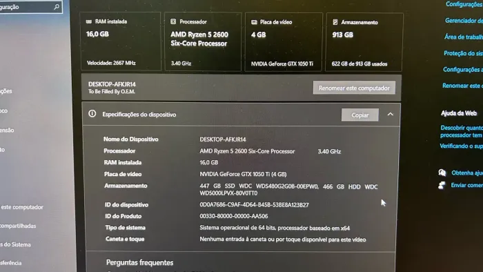 PC Ryzen 5 2600 | 16 GB RAM | GTX 1050 Ti 4 GB | SSD + HD