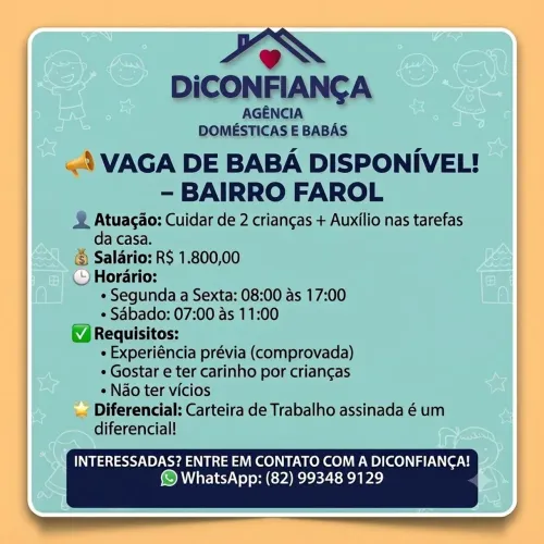 Vaga para Babá no Farol - R$ 1.800,00 - DICONFIANÇA