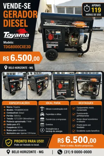 Gerador Toyama TDG8000CXE3D Diesel - 119 Horas - R$ 6.500