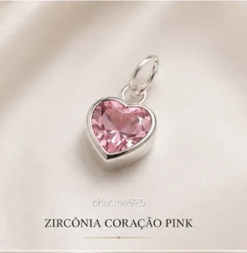 Pingente de Prata 925 Coração Zircônia  Pink 