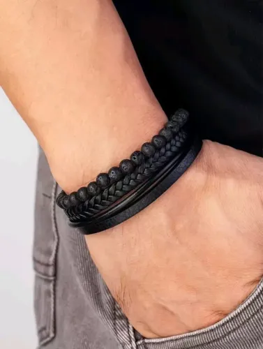 Pulseira Masculina de Couro e Pedras