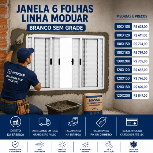 Janela 6 Folhas Alumínio Branco Sem Grade Direto da Fábrica | Entrega Rápida