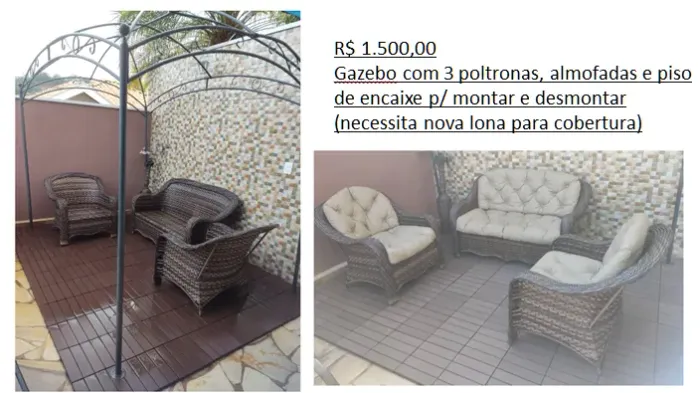 Gazebo com 3 poltronas, almofadas e piso plastico montavel.