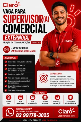 Vaga para supervisor comercial - com experiência em liderança