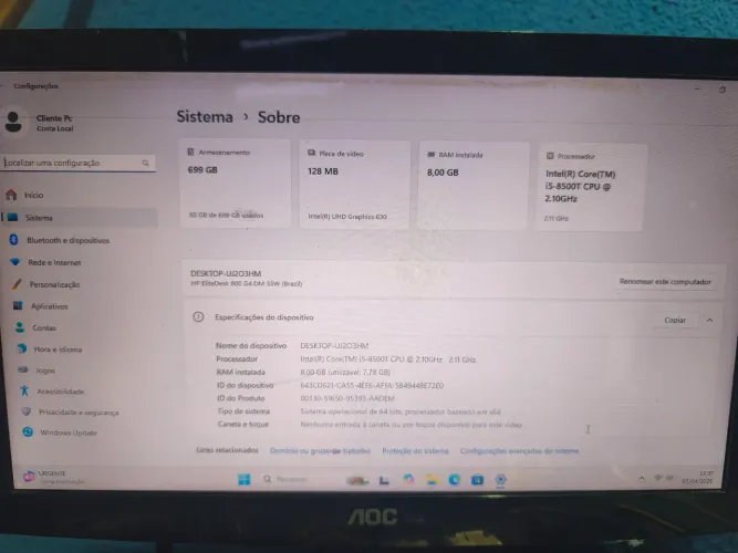 Mini Pc HP Elitedesk i5 8° Geração