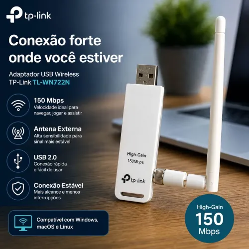 Adaptador Wi-Fi USB TP-Link TL-WN722N 150Mbps High-Gain