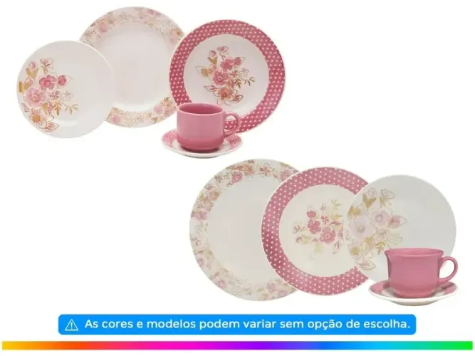 Aparelho de Jantar Chá 30 Peças Biona Cerâmica Redondo Rosa Donna AE30-5160 Oxford