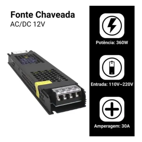 Fonte Chaveada Slim 12v 30A 360W Capa Preta - Led, Som e Cftv