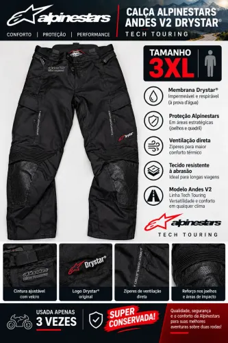 CALÇA ALPINESTARS MASCULINA ANDES V2 TECH TOURING TAM 3XL SEMINOVA