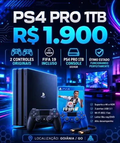 PS4 Pro 1TB + 2 Controles Originais + FIFA 19 - R$ 1.900