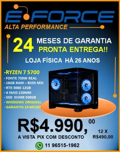 PC RYZEN 7, RTX3060, NVME 500, 16 RAM NOVO 24 MESES DE GARANTIA